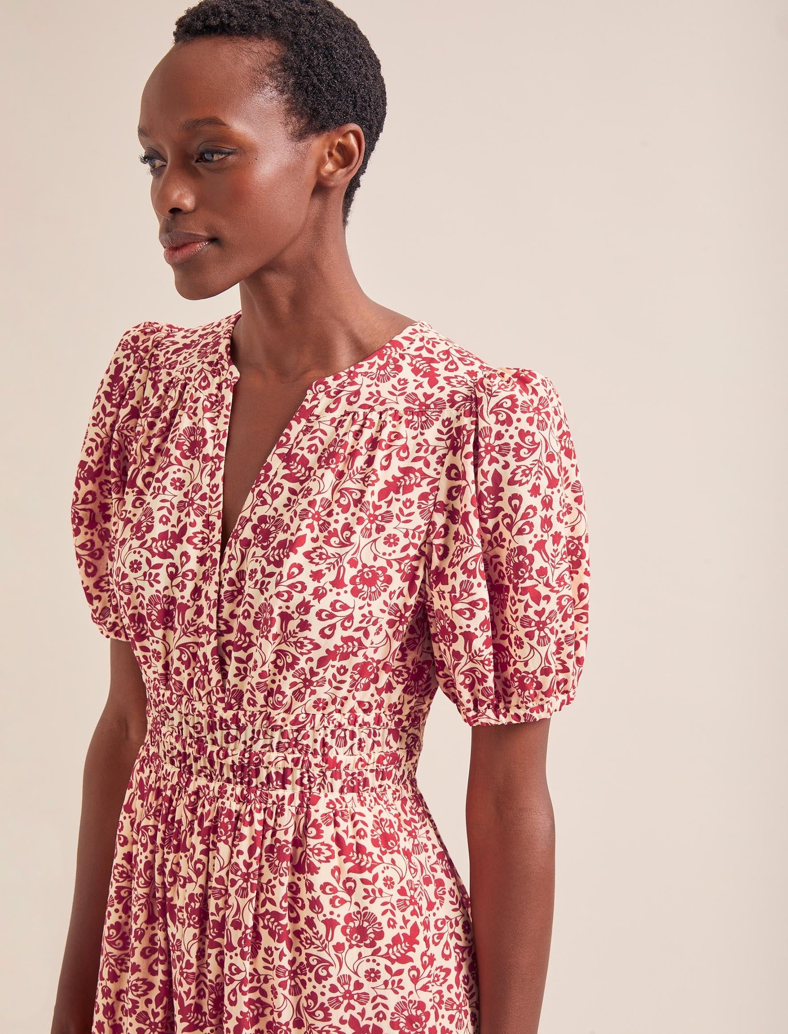 Olive Cotton Blend Midi Dress - Red Mono Floral Print - Image 2