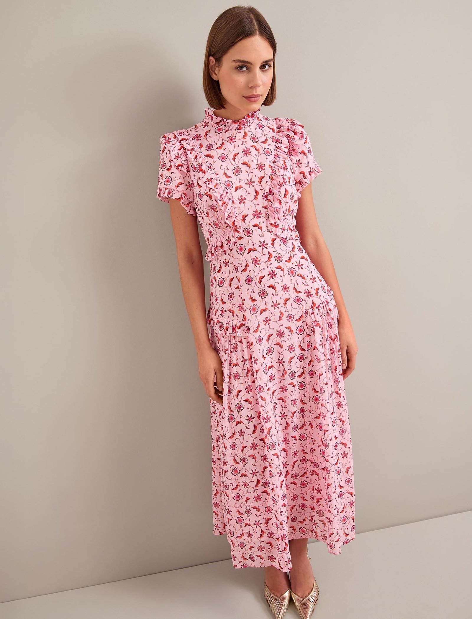 Mirabel Gold Metallic Fil Coupé Maxi Dress - Pink Floral Trellis Print - Image 6