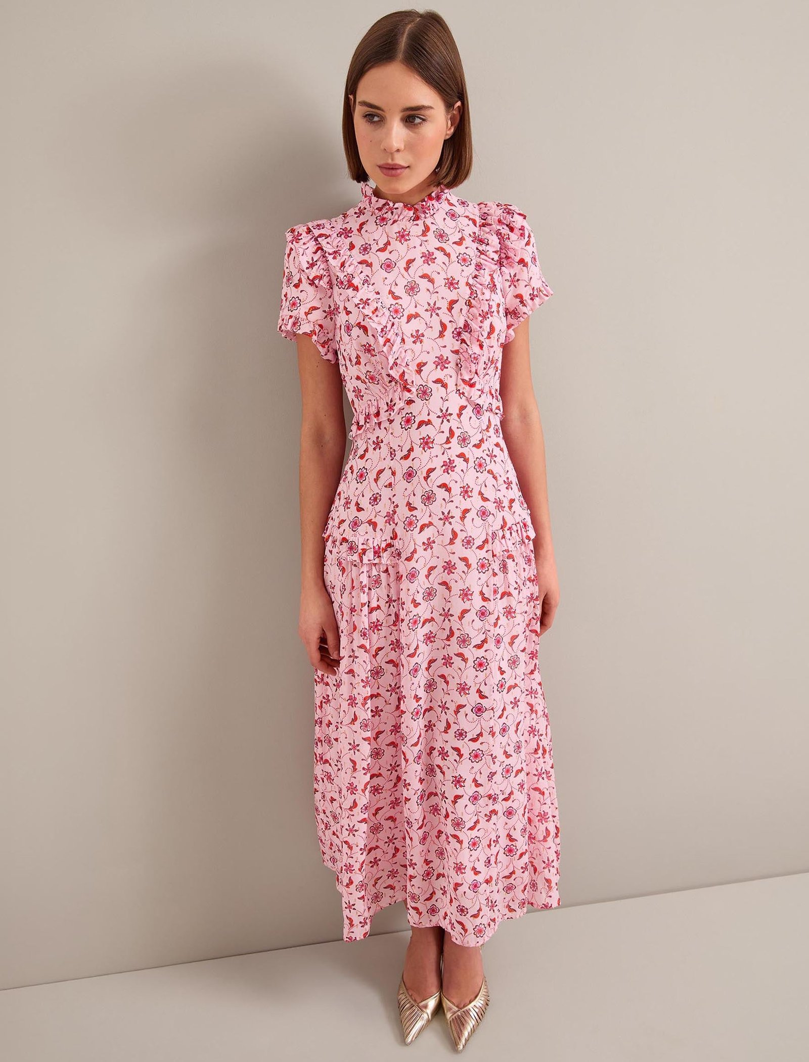 Mirabel Gold Metallic Fil Coupé Maxi Dress - Pink Floral Trellis Print - Image 7